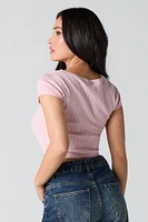 Pointelle Knit Lace Trim Cropped T-Shirt