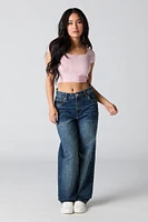 Pointelle Knit Lace Trim Cropped T-Shirt