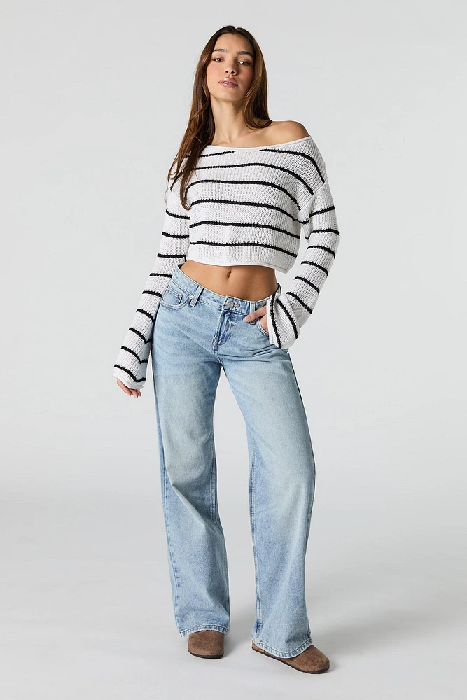 Ribbed Knit Boat Neck Cropped Sweater