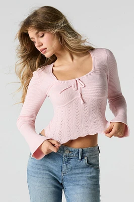 Pointelle Ribbed Knit Square Neck Sweater