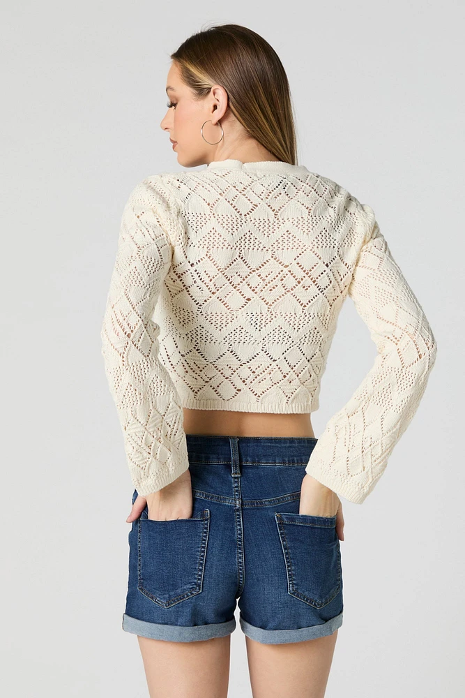 Crochet Front Tie Cropped Long Sleeve Top