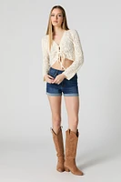 Crochet Front Tie Cropped Long Sleeve Top