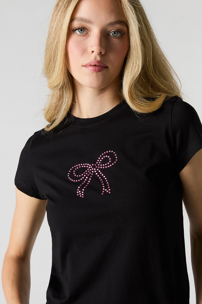 Rhinestone Bow Fitted T-Shirt