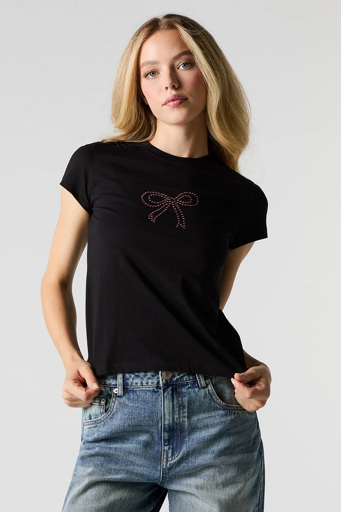 Rhinestone Bow Fitted T-Shirt