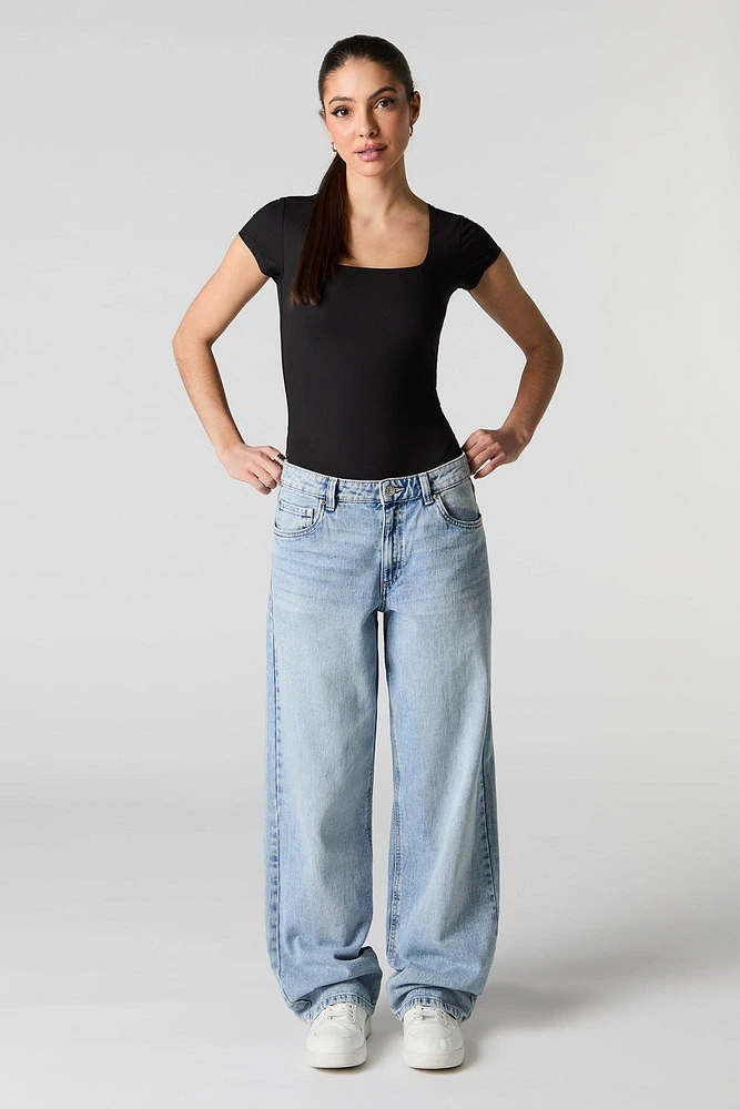 Ribbed Square Neck Short Sleeve Bodysuit