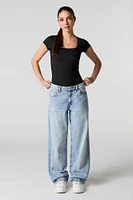 Ribbed Square Neck Short Sleeve Bodysuit