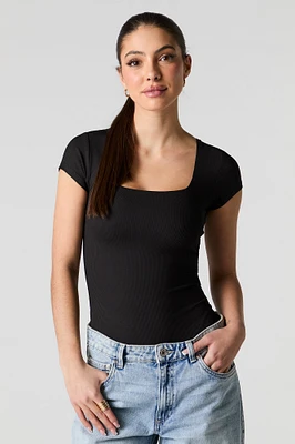 Ribbed Square Neck Short Sleeve Bodysuit