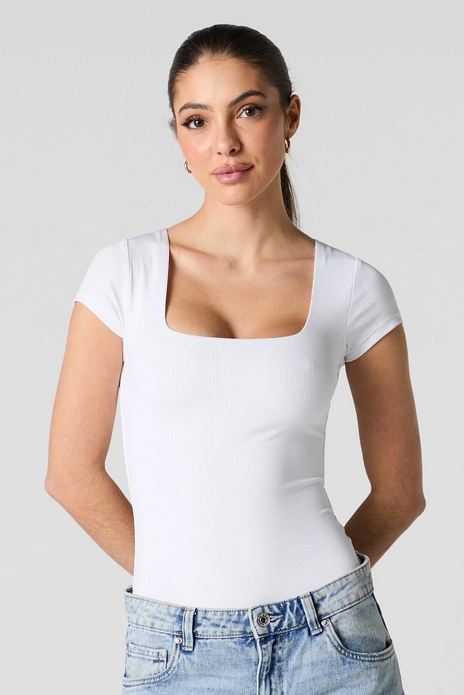 Ribbed Square Neck Short Sleeve Bodysuit
