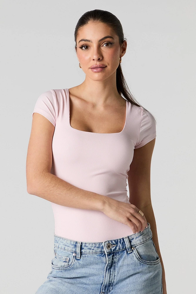 Ribbed Square Neck Short Sleeve Bodysuit