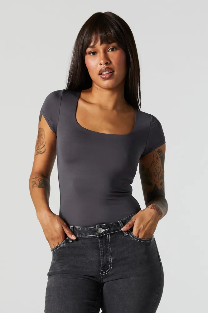Women's Black Bodysuit Short Sleeve Square Neck