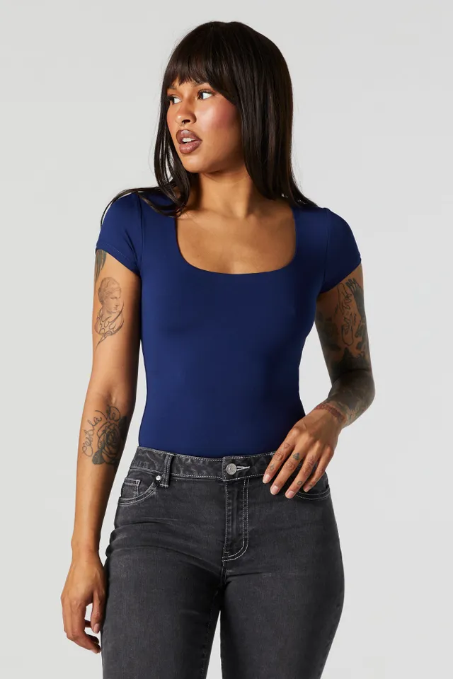 Stitches Contour Ribbed Square Neck Short Sleeve Bodysuit