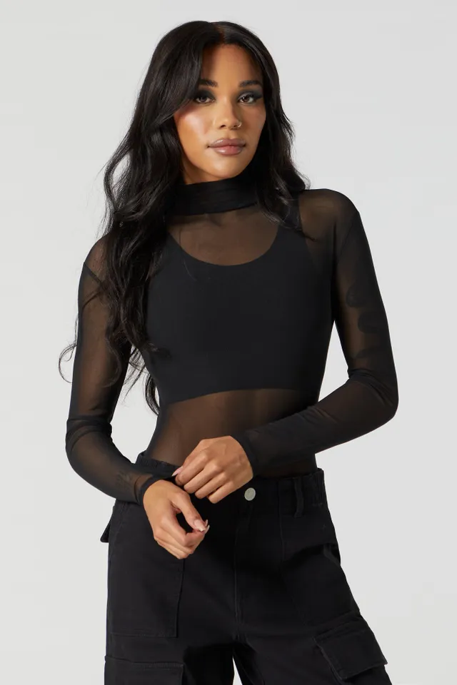 Stitches Mesh Mock Neck Bodysuit