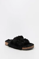 Faux Fur Buckled Cork Slide