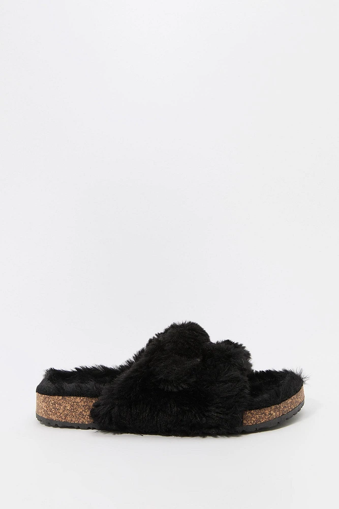 Faux Fur Buckled Cork Slide