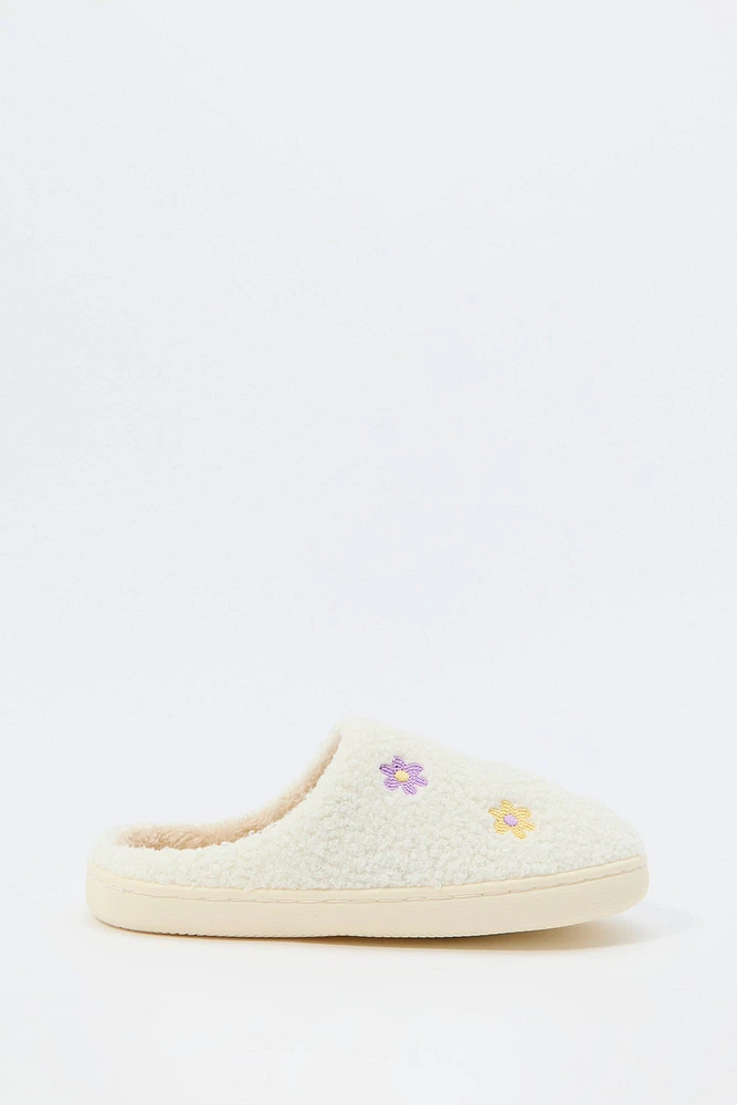 Flower Embroidered Sherpa Slipper