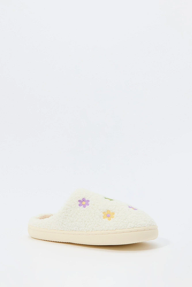 Flower Embroidered Sherpa Slipper