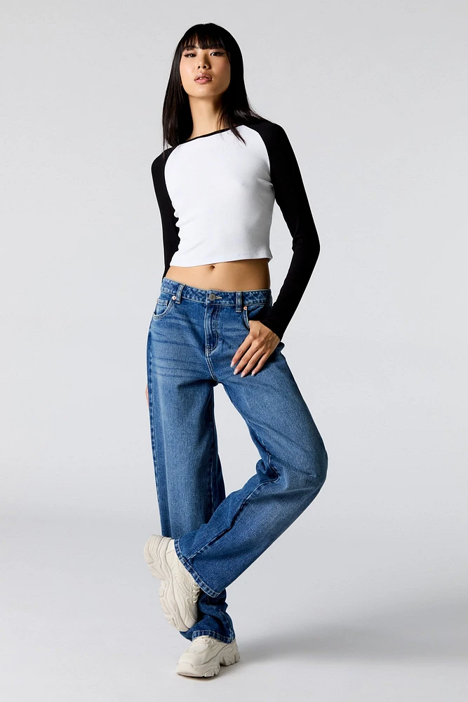 Ribbed Raglan Long Sleeve Crop Top