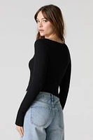 Ribbed Rosette Lace Trim Long Sleeve Top