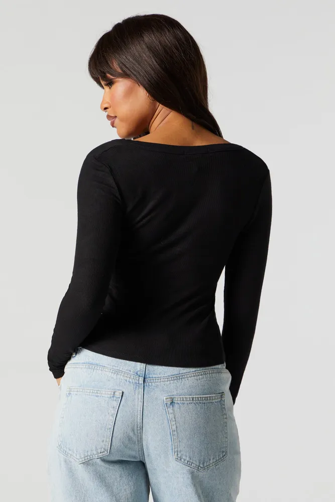 Stitches Ribbed Henley Long Sleeve Top