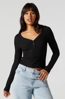 Ribbed Henley Cropped T-Shirt