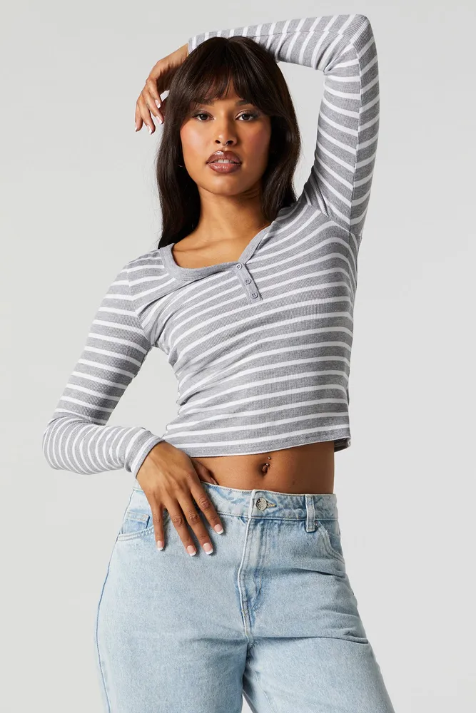 Ribbed Henley Long Sleeve Top