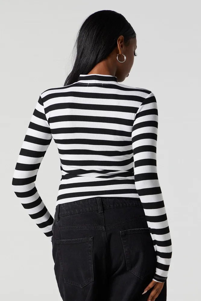 Striped Ribbed Mock Neck Long Sleeve Top