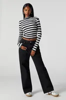 Striped Ribbed Mock Neck Long Sleeve Top