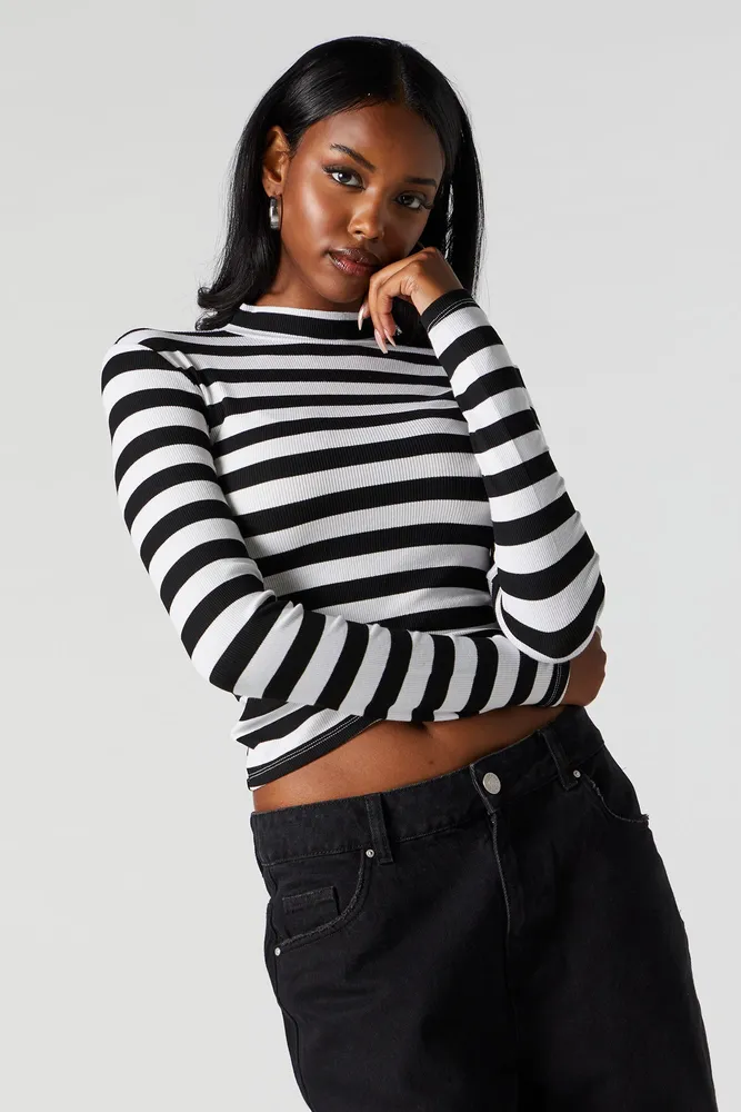 Striped Ribbed Mock Neck Long Sleeve Top