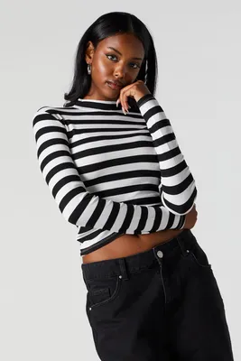 Striped Ribbed Mock Neck Long Sleeve Top