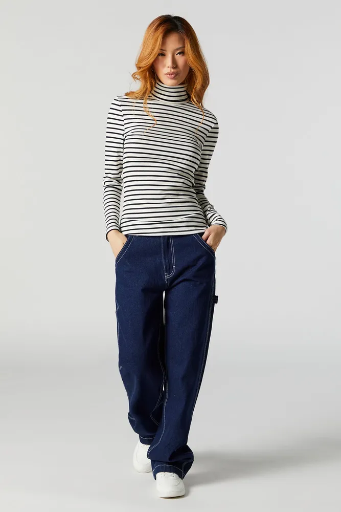 Striped Ribbed Turtleneck Long Sleeve Top