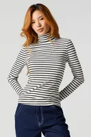 Striped Ribbed Turtleneck Long Sleeve Top