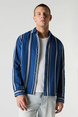 Textured Striped Collared Button-Up Top