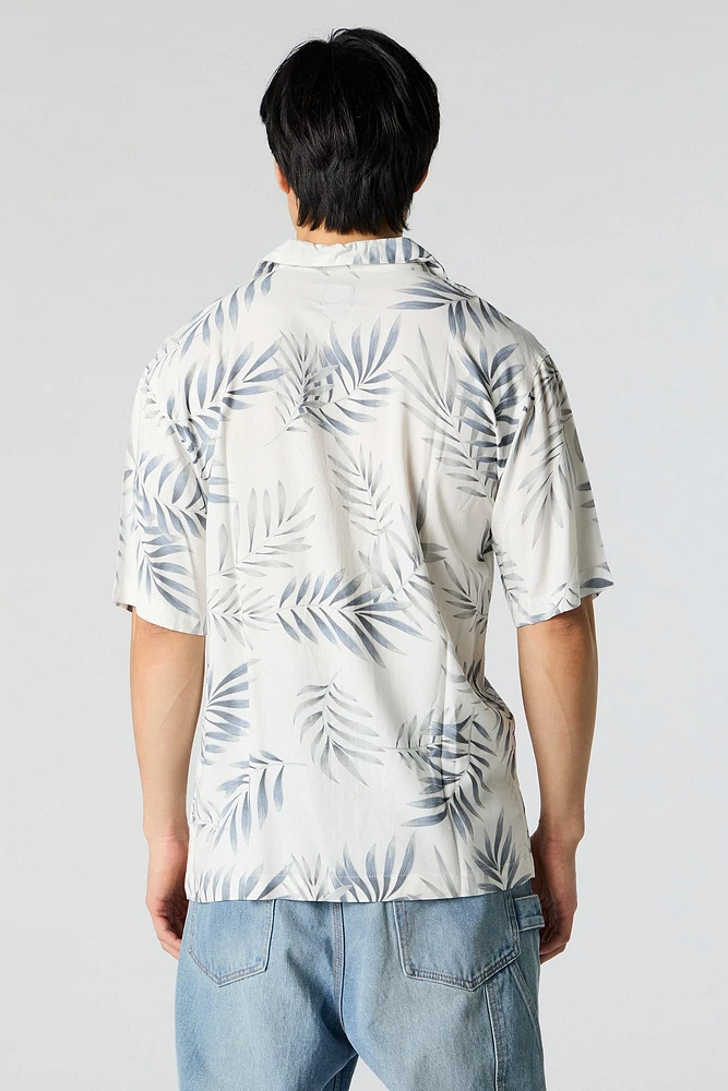 Leaf Print Short Sleeve Button-Up Top