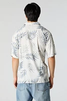 Leaf Print Short Sleeve Button-Up Top