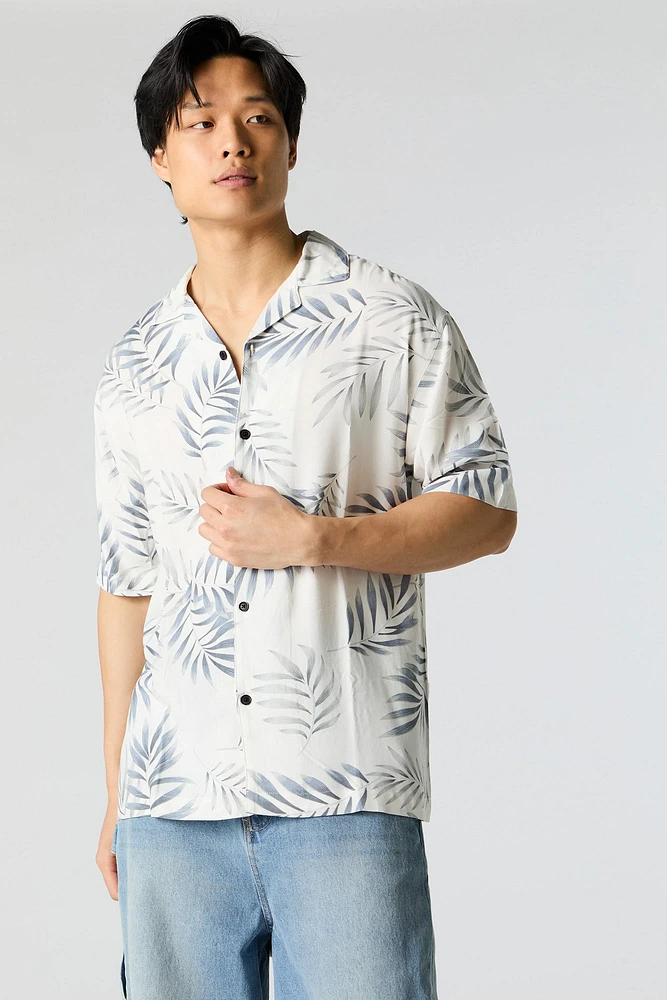 Leaf Print Short Sleeve Button-Up Top