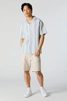 Linen Striped Short Sleeve Button-Up Top