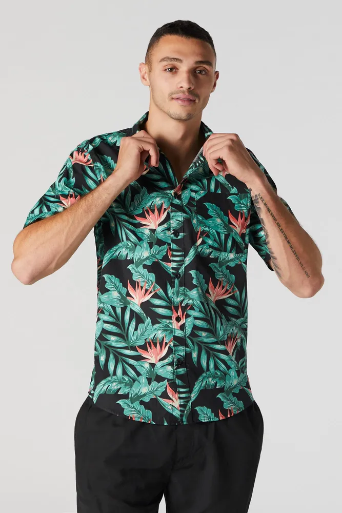 Hawaiian Floral Print Button-Up Top