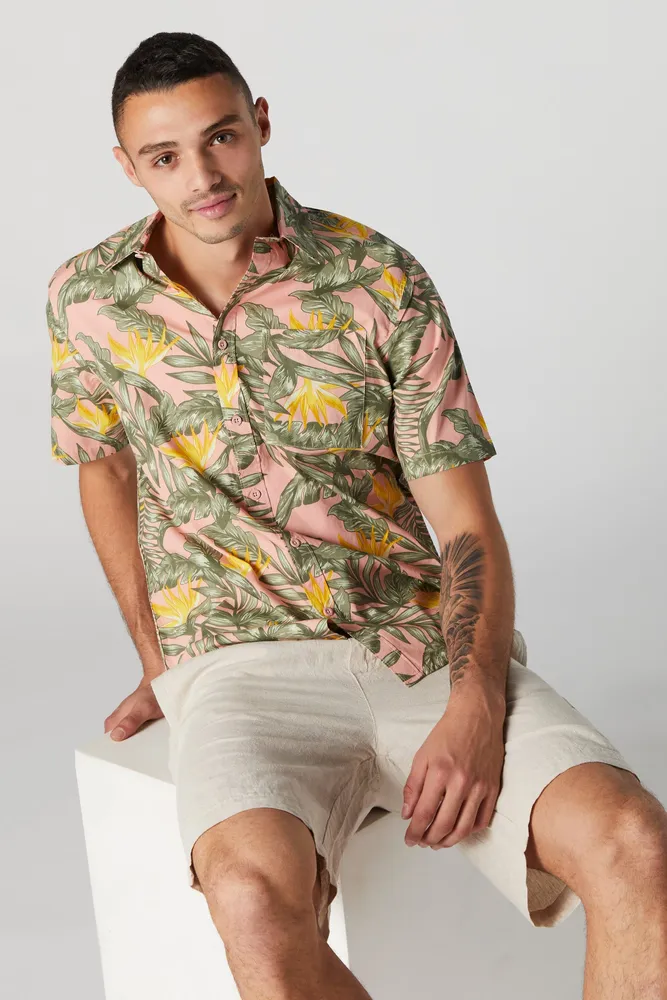 Hawaiian Yellow Flower Print Button-Up Top