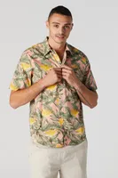 Hawaiian Yellow Flower Print Button-Up Top