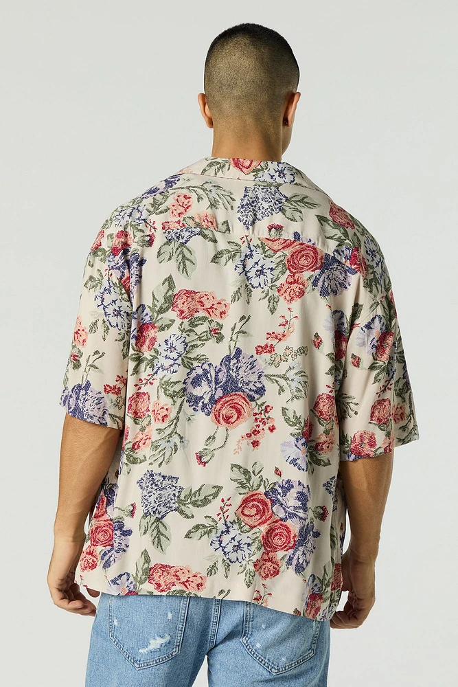 Floral Print Short Sleeve Button-Up Top