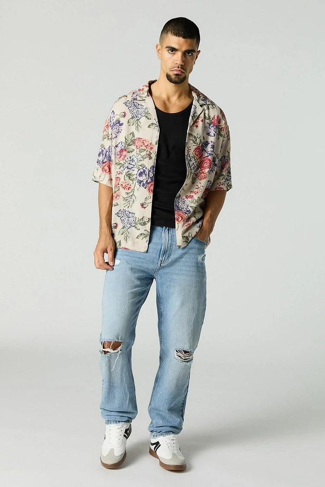 Floral Print Short Sleeve Button-Up Top