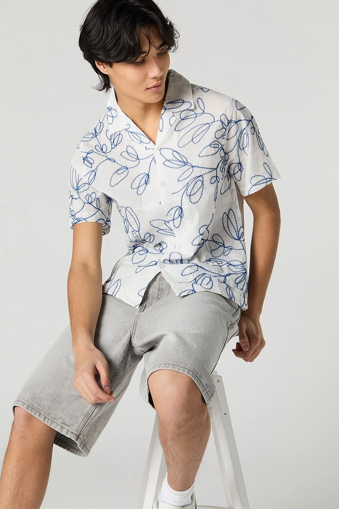 Floral Stitch Embroidered Button-Up Top