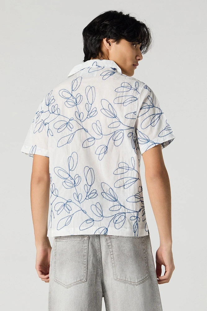 Floral Stitch Embroidered Button-Up Top