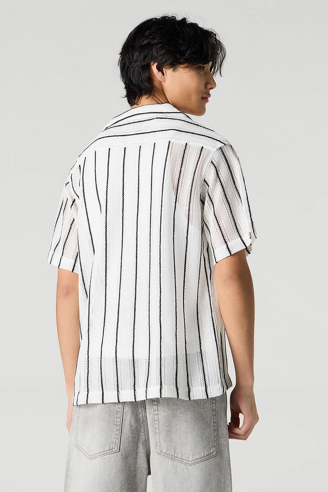 Textured Open Knit Button-Up Top