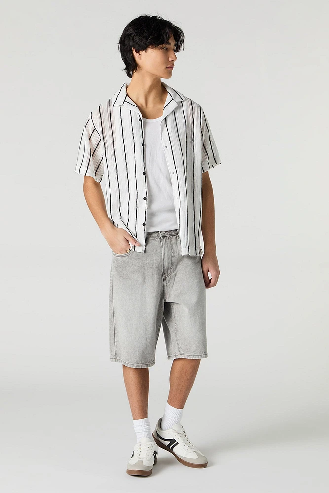 Textured Open Knit Button-Up Top