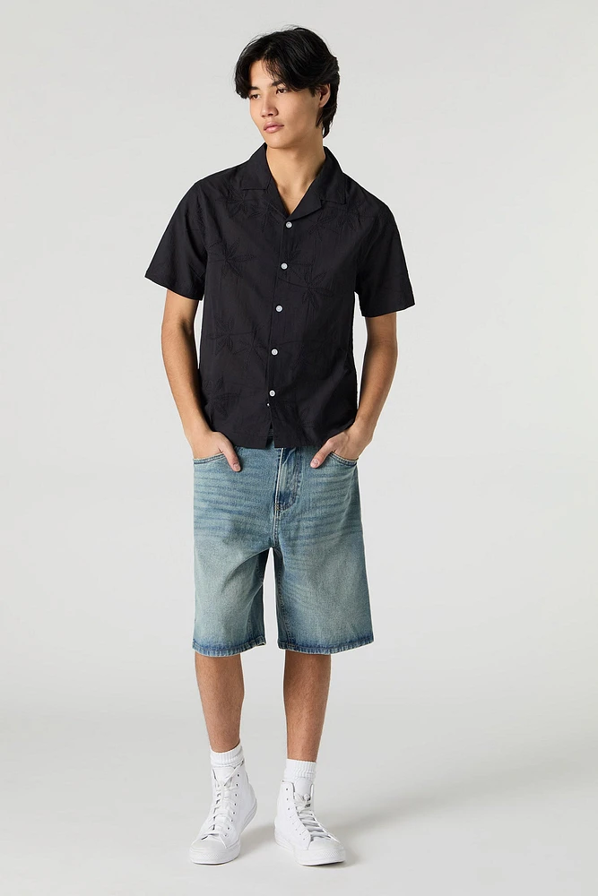 Eyelet Leaf Embroidered Button-Up Top