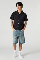 Eyelet Leaf Embroidered Button-Up Top