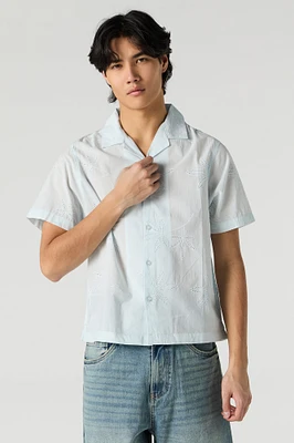 Eyelet Leaf Embroidered Button-Up Top