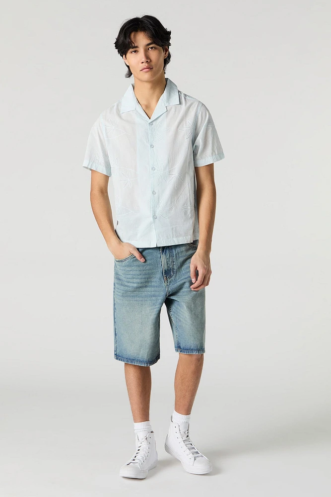 Eyelet Leaf Embroidered Button-Up Top