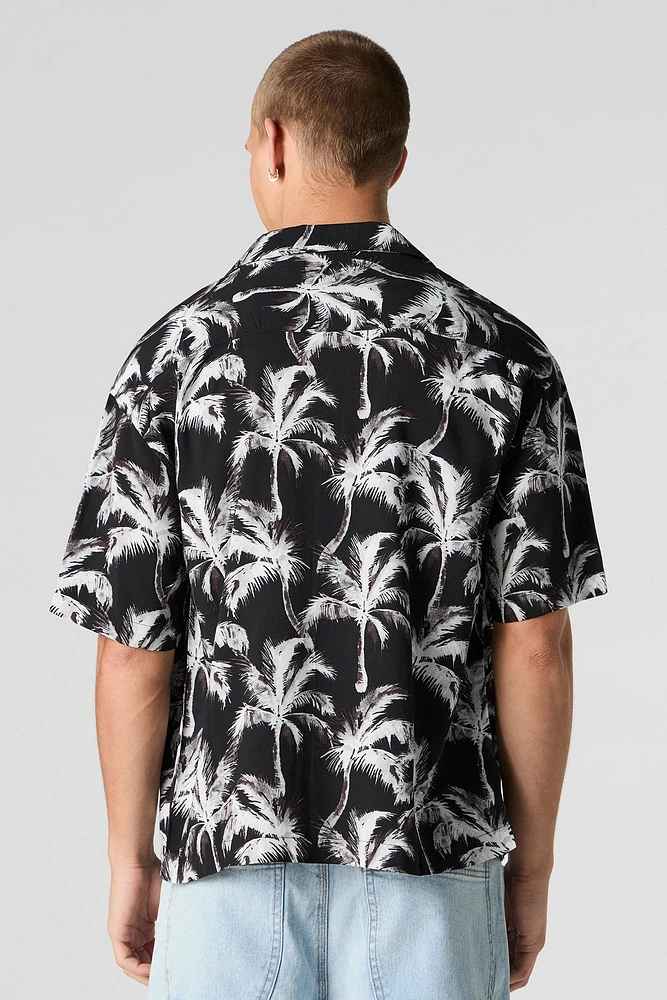 Tropical Print Short Sleeve Button-Up Top
